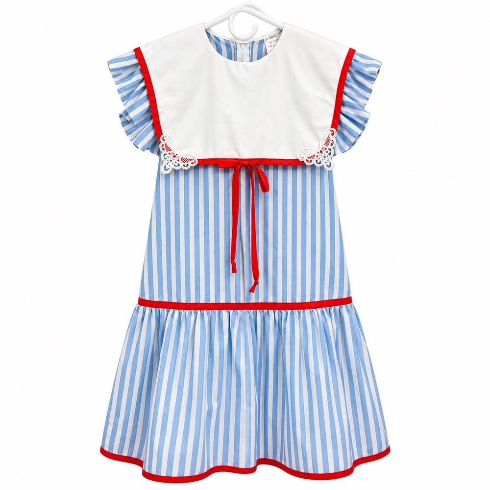 Vintage Youngland Girls 12 Blue White Stripe Sailor Dress Red Butterfly Lace